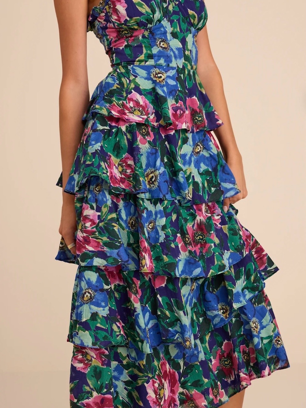 Lulu's Strapless Floral Tiered Midi Dress in Blue, Green & Pink - Picture 2 of 8